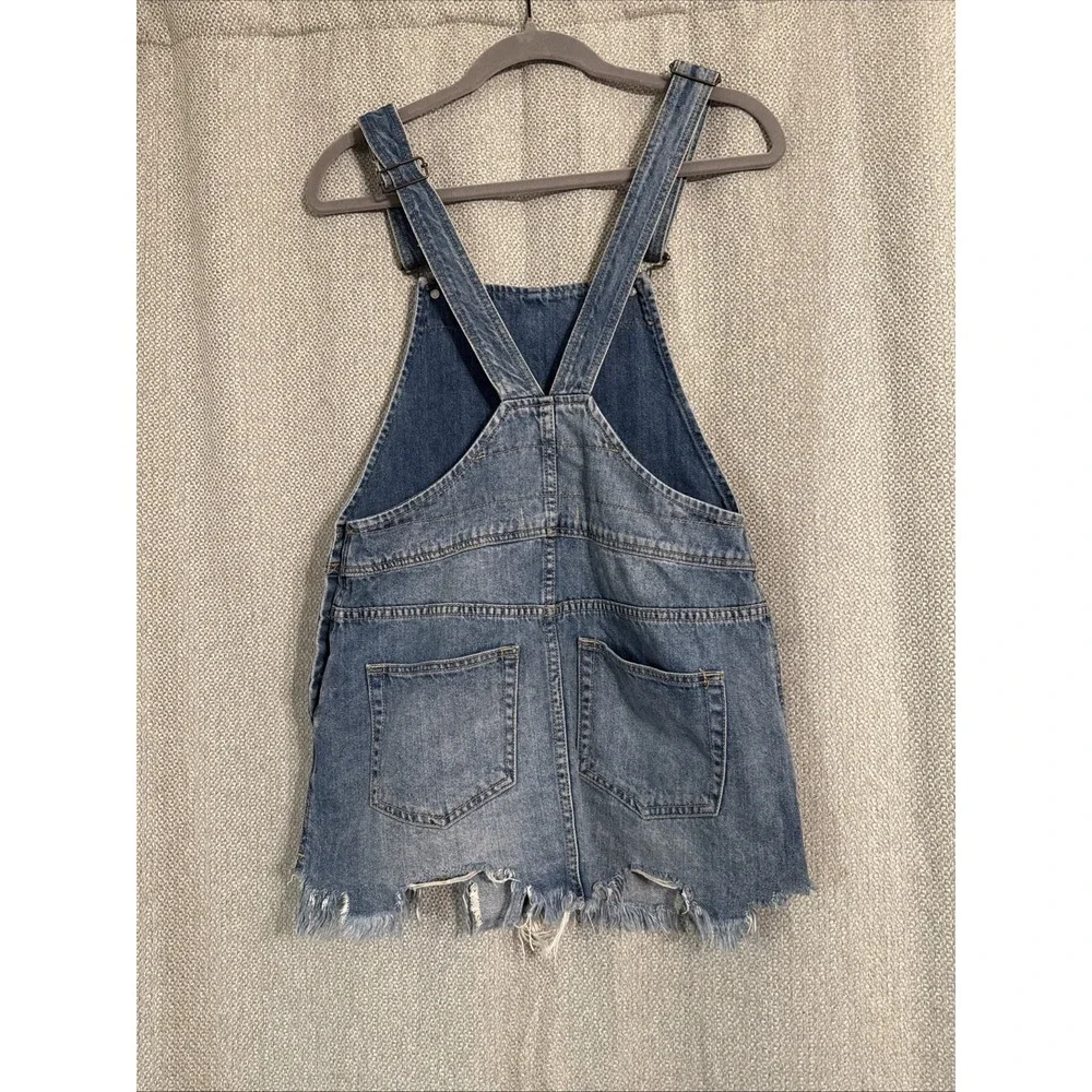 Free People Denim Overall Mini Dress Women's Size 2 Raw Hem Blue Boho Adjustable